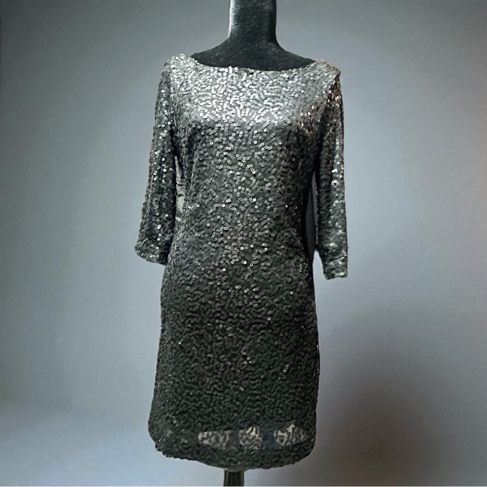 Jessica Simpson Black Sequin Long Sleeve Draped Back Mini Dress Sz 8 NWT
